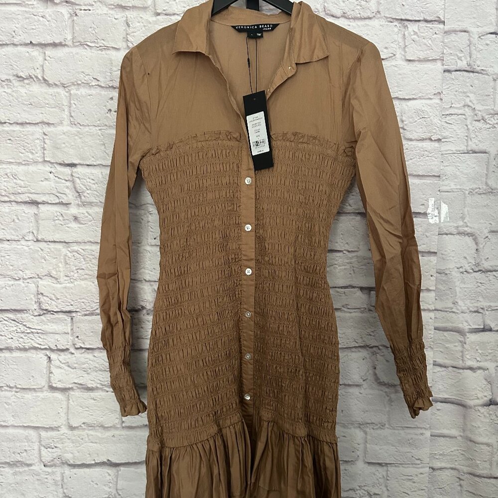 NWT - Veronica Beard Kelsey Camel Puff Sleeve Button Down Shirt Dress
